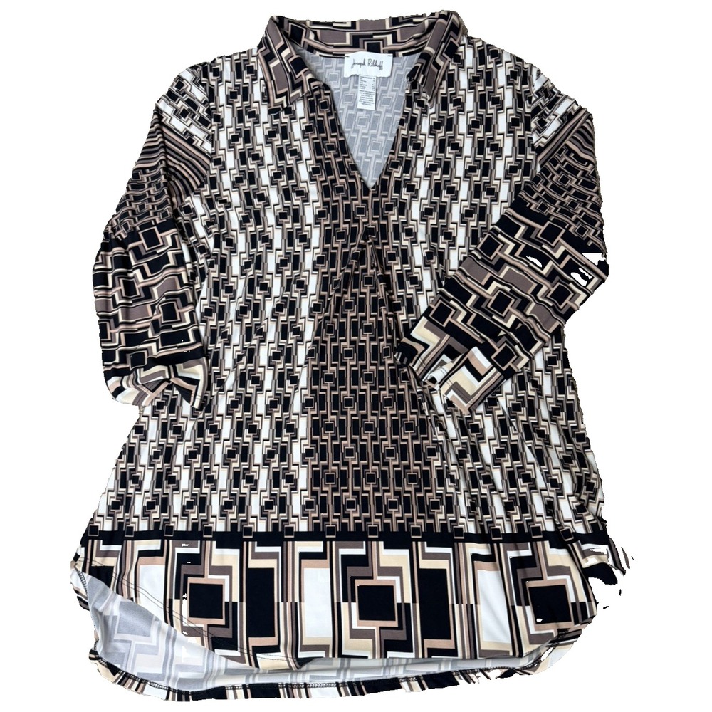 JOSEPH RIBKOFF 14 W/ BLACK, BEIGE, WHITE pattern VNECK stretchy top blouse